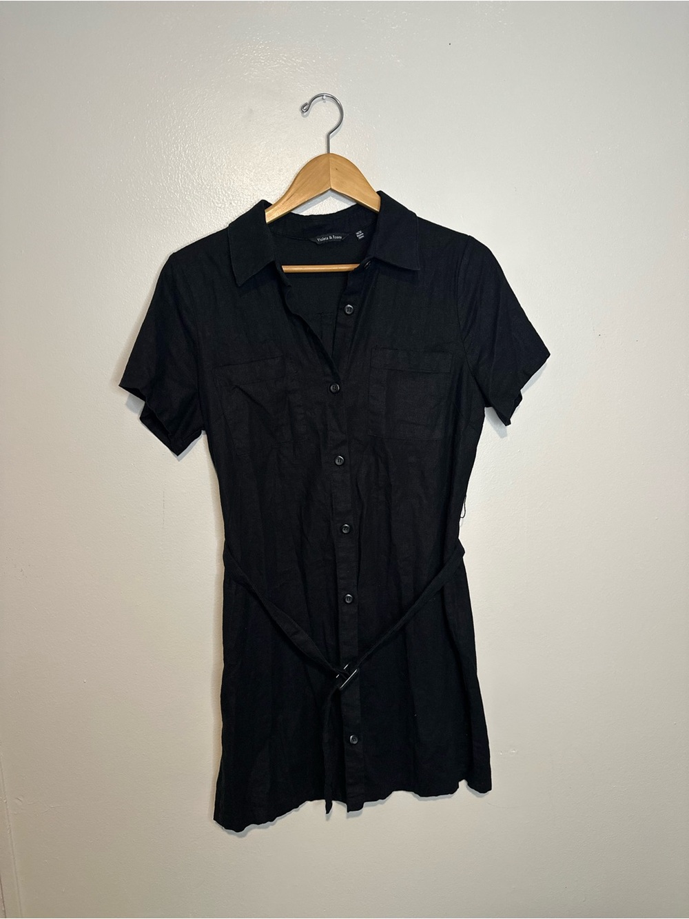 Violets & Roses Black Button Front Dress Belted Linen Minimalist Gorpcore 14 L